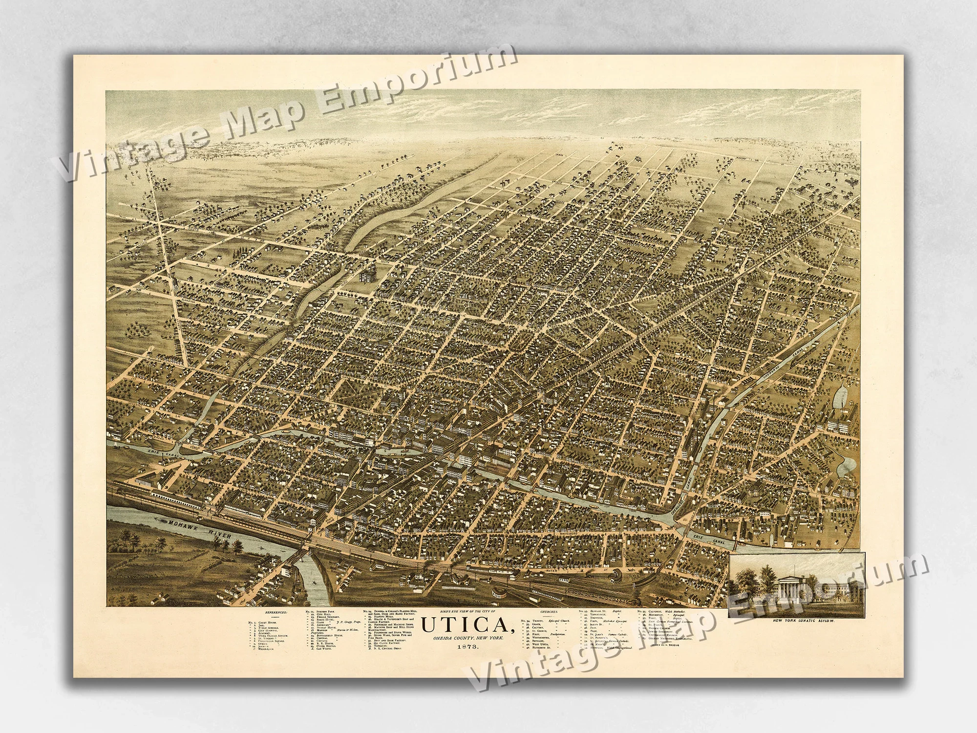 1873 Utica New York Map Panoramic Old City Map Historic Birds Eye View Vintage Map Art Print Etsy