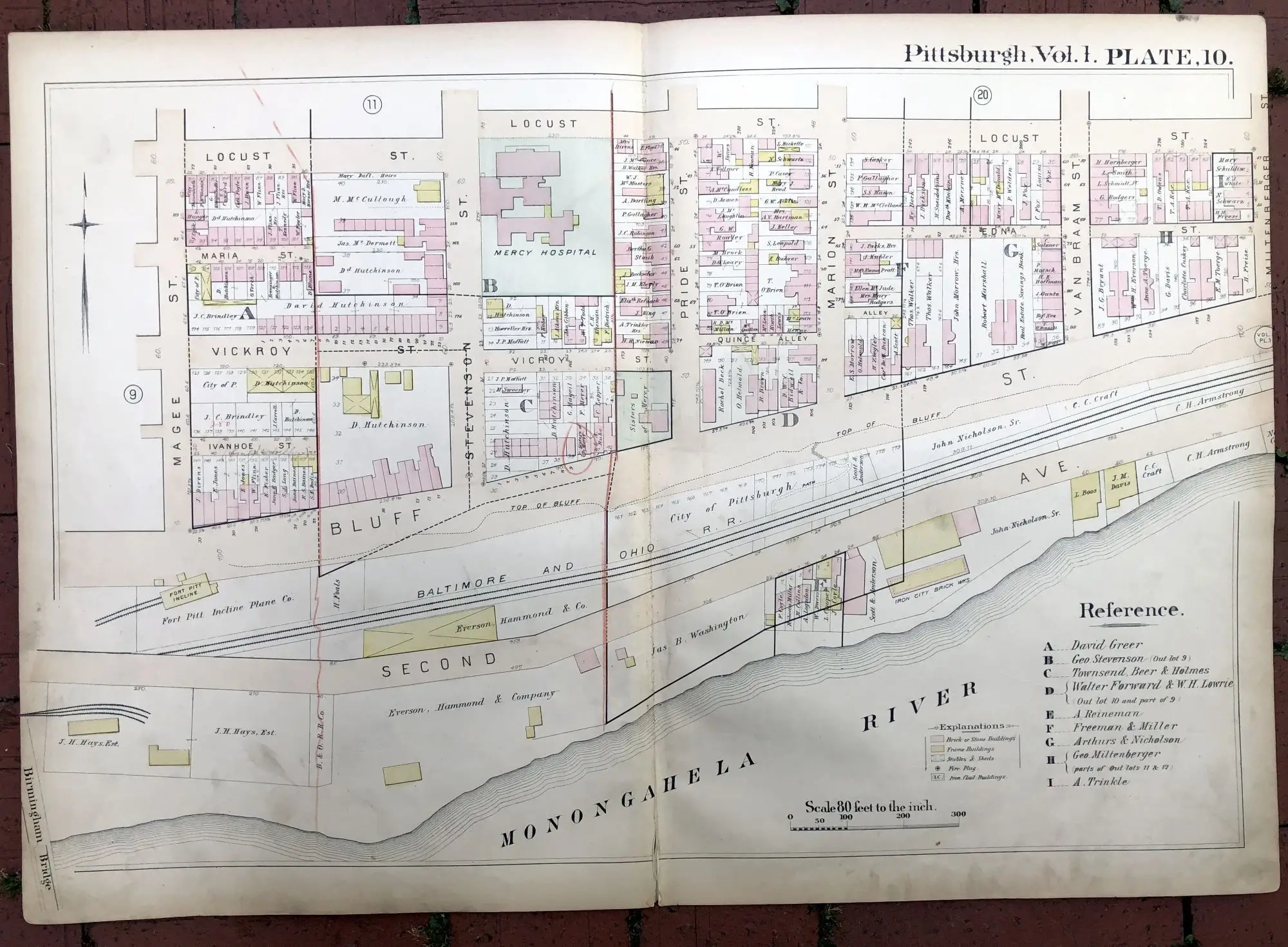 1889 Large Double page Color Map Of THE BLUFF Duquesne University Area Pittsburgh Griffith M Hopkins