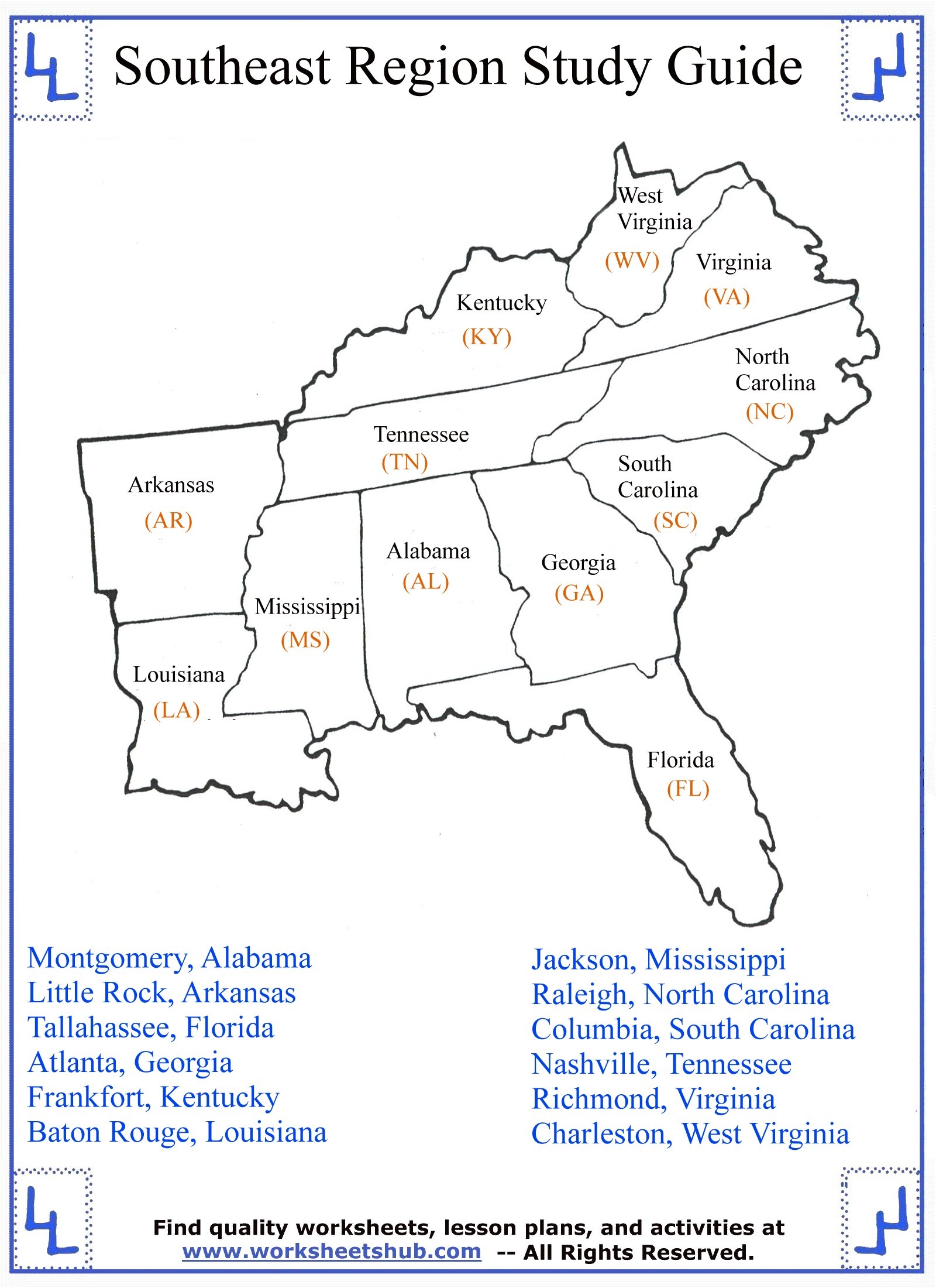 4th Grade Social Studies Southeast Region States
