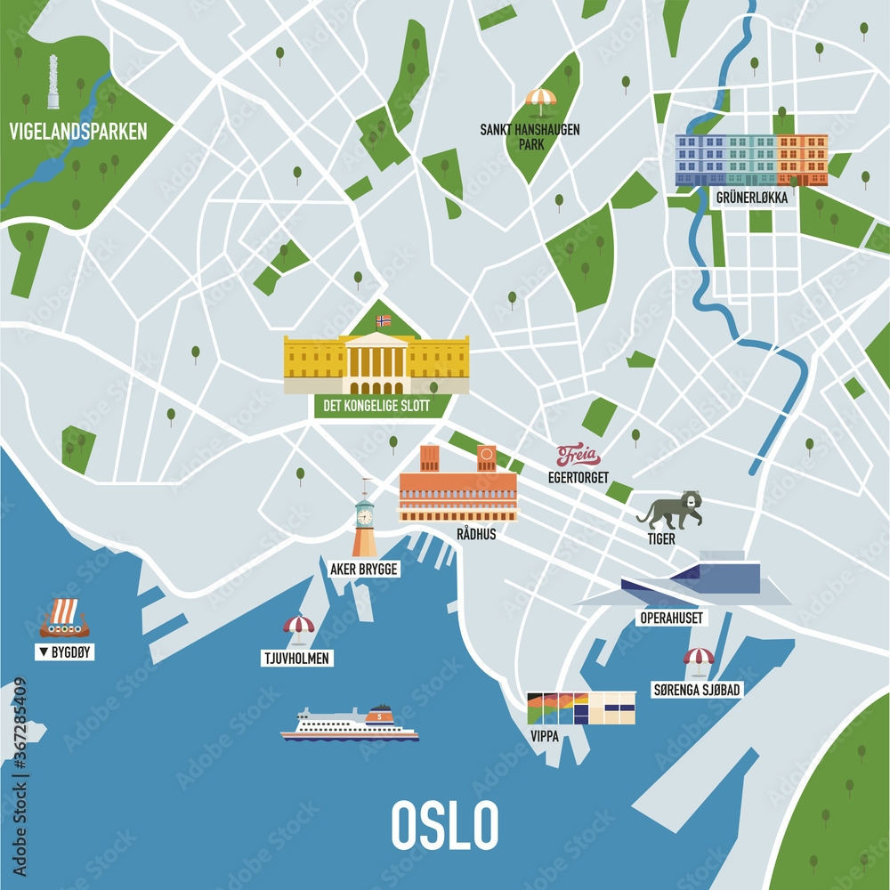 A City Map Of Oslo Norway With Famous Landmarks And Tourist Attractions Stock Illustration Adobe Stock