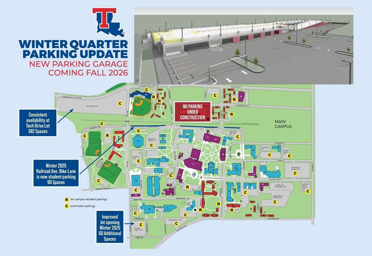 A Parking Garage Is Coming To Louisiana Tech Available Fall 2026 It Will Be The Largest Parking Lot On Campus With More Than 500 Spaces Some Important Changes To Note As