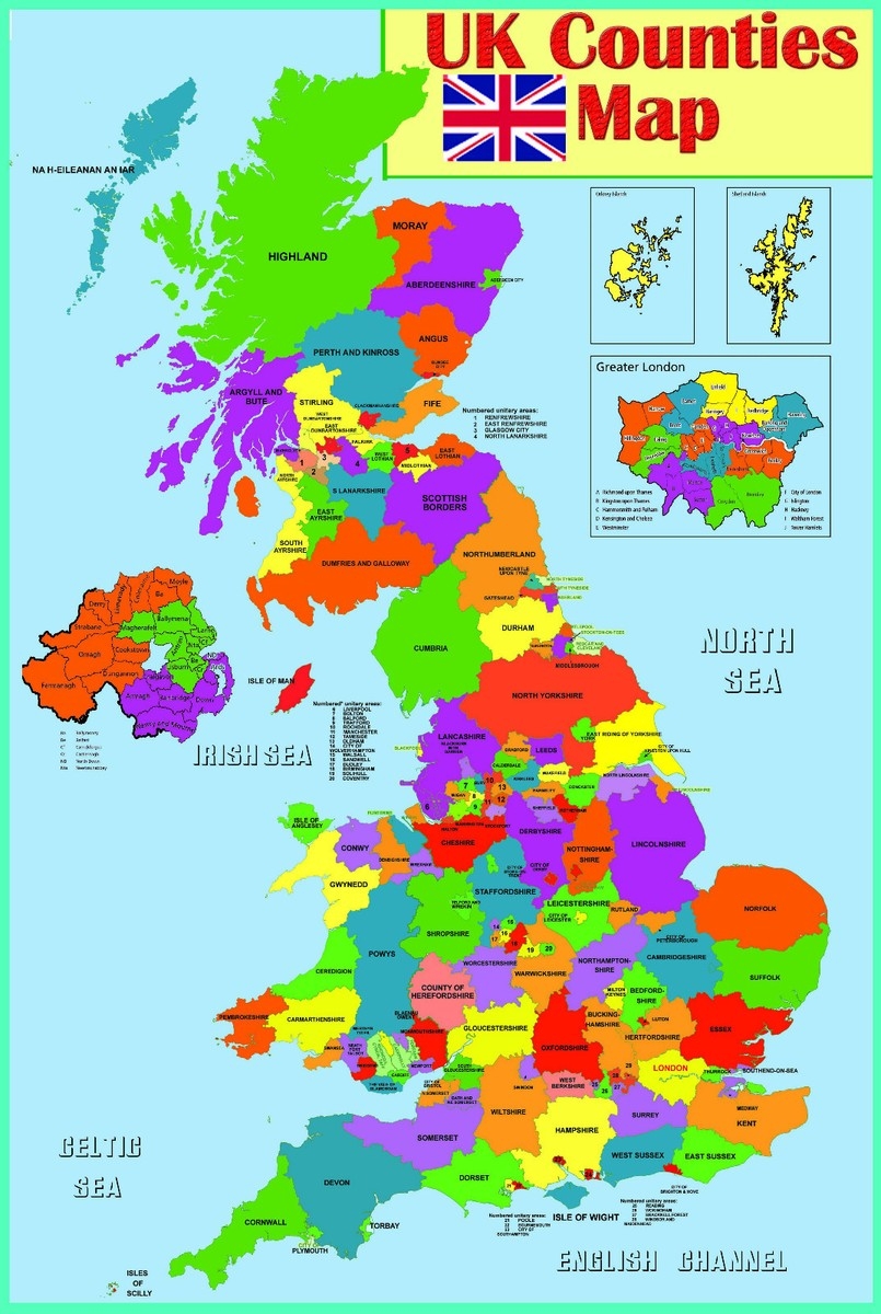 A2 Size UK Counties Map Educational Poster Great Britain England Wales Ireland EBay
