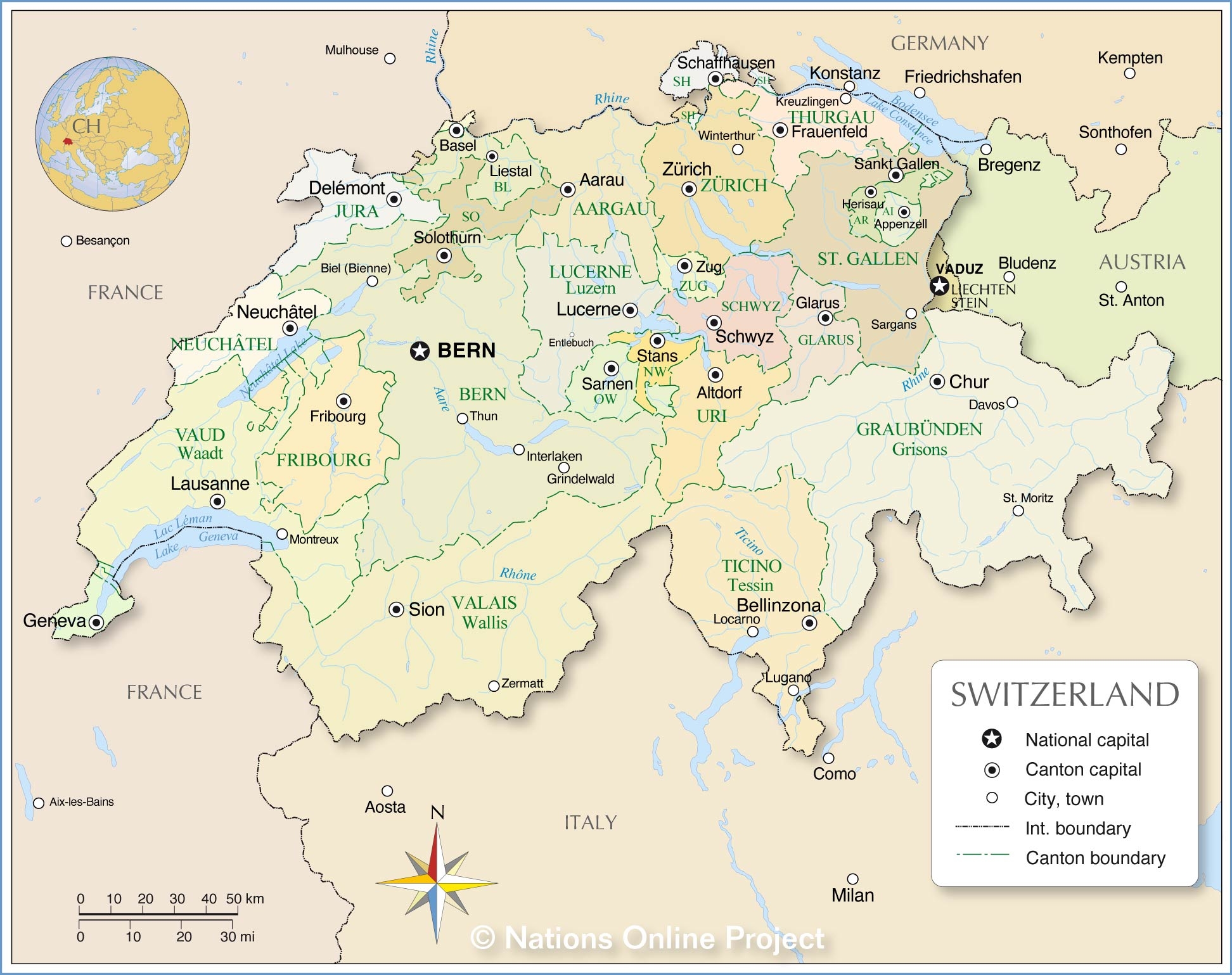 Administrative Map Of Switzerland Nations Online Project