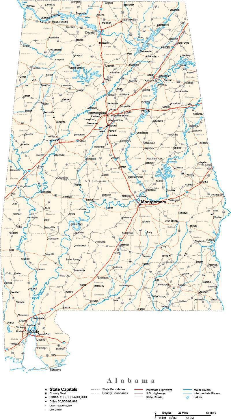 Alabama With Capital Counties Cities Roads Rivers Lakes Alabama With Capital Counties Cities Roads Rivers Lakes