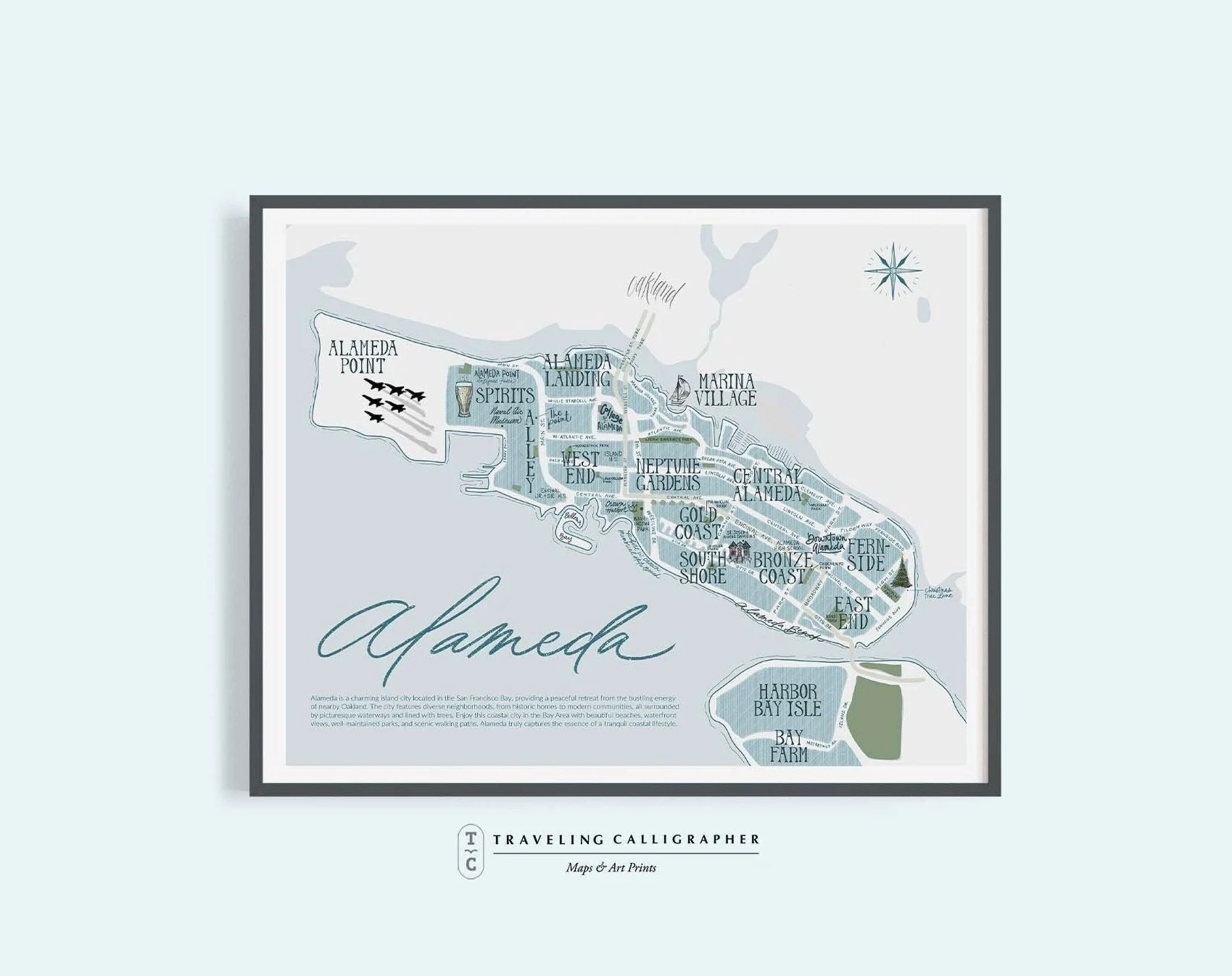 Alameda CA Neighborhood Map Print Handlettered map Of Alameda Alameda Map Typographic Map Bay Area Oakland Etsy