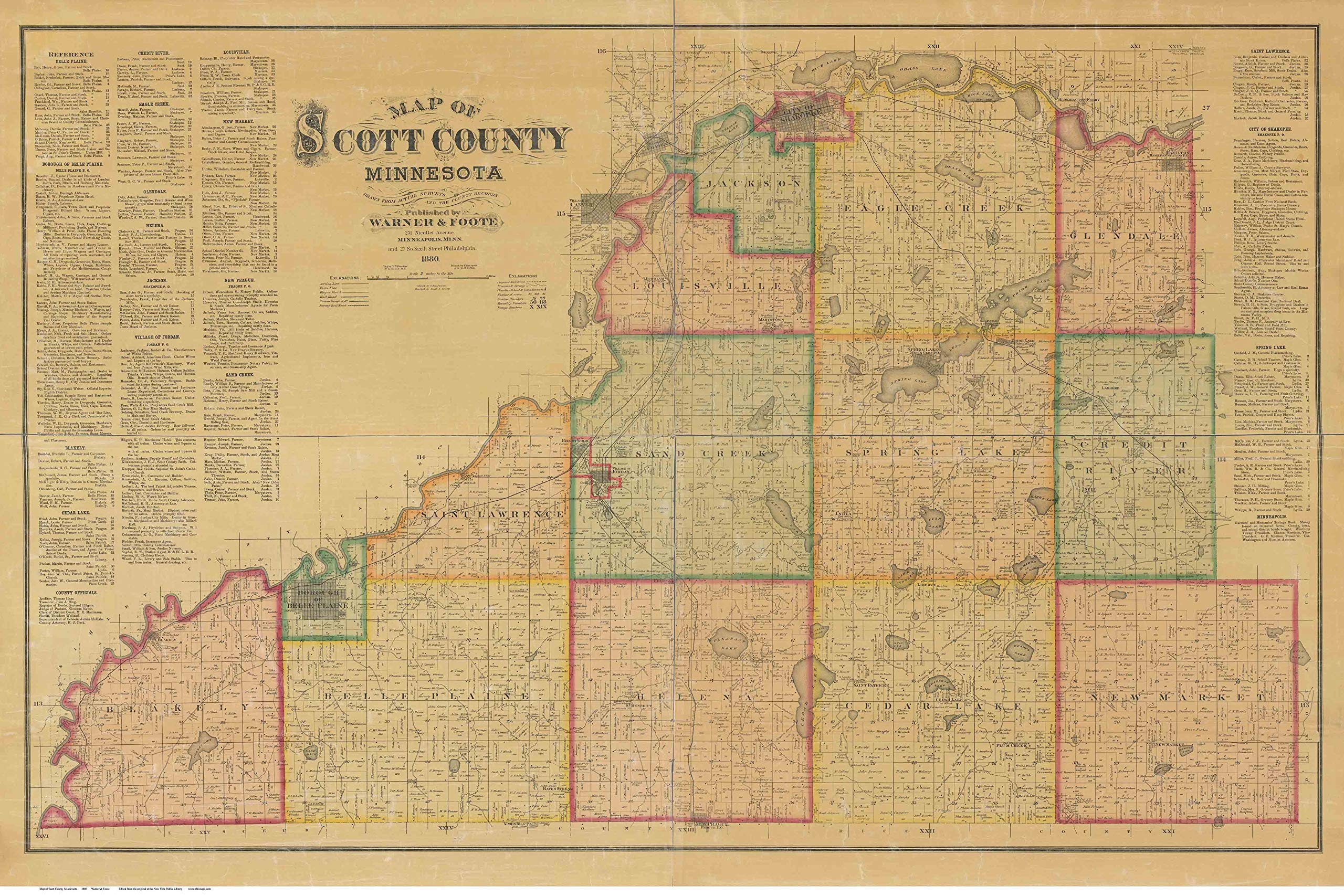 Amazon Scott County Minnesota 1880 Old Wall Map Reprint With Homeowner Names Farm Lines Genealogy Home Kitchen