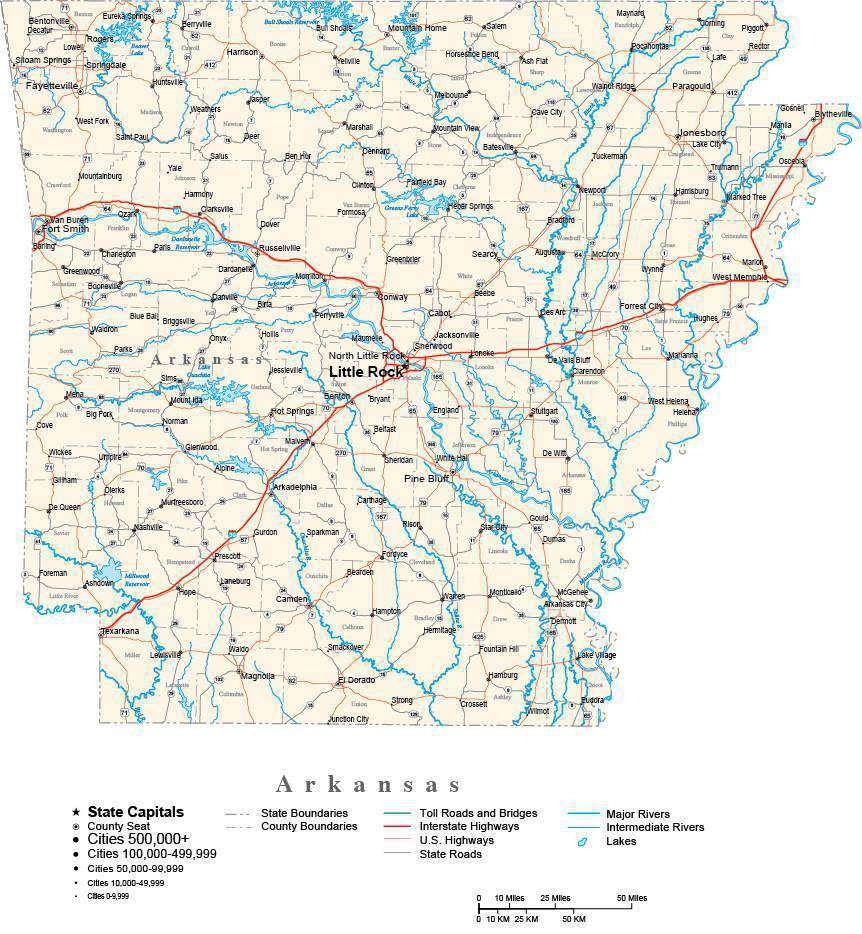 Arkansas With Capital Counties Cities Roads Rivers Lakes