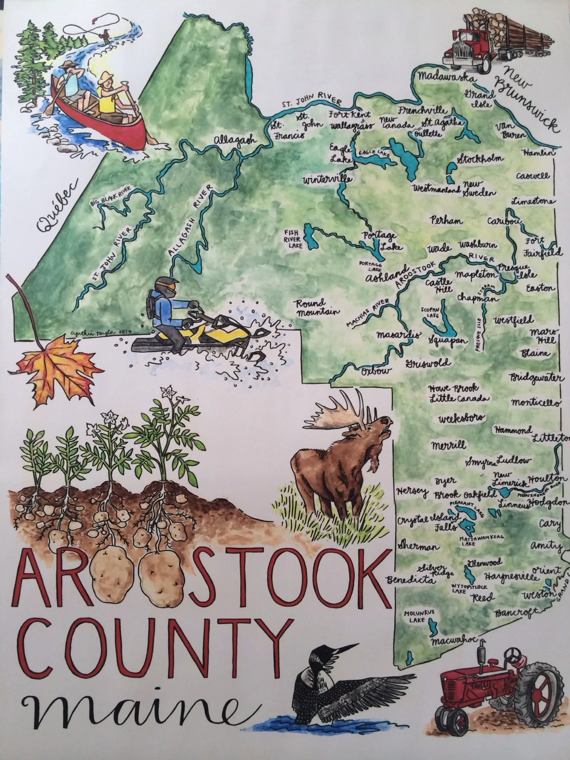Aroostook County Illustrated Map Print 18x24 Inches Etsy