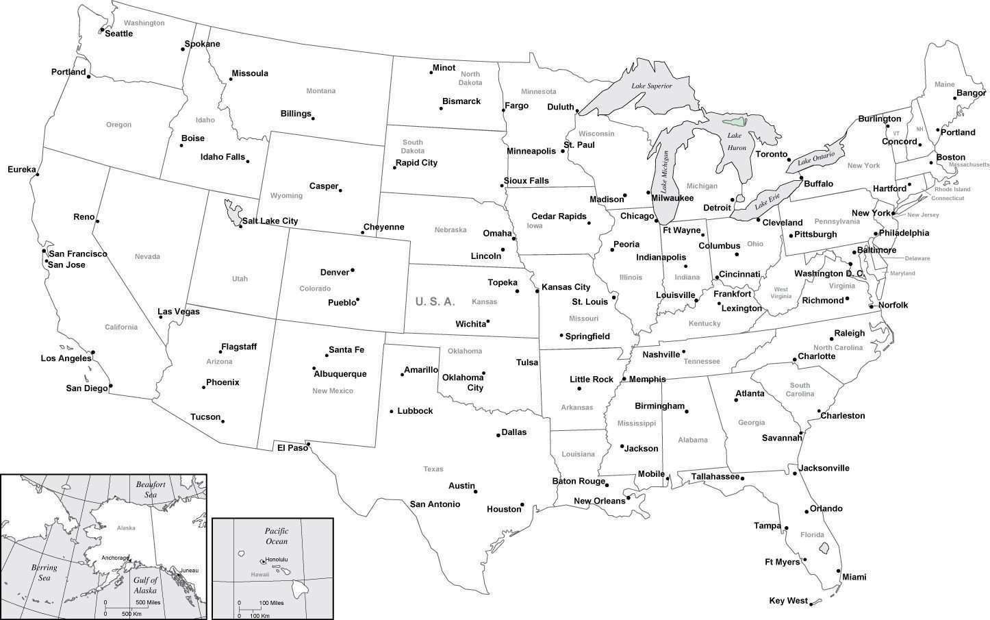 Black White USA Map With Major Cities Black White USA Map With Major Cities