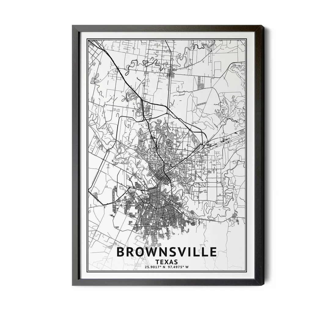 Brownsville Texas Map Black And White Coordinates Map Of Brownsville Brownsville TX Map Art City Map Perfect Details Printable Etsy