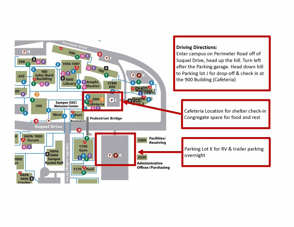 Cabrillo College Aptos Campus 6500 Soquel Drive Aptos Emergency Evacuation Shelter Is Open 1 9 At 8 00 A m Cafeteria 900 Building Lot K For RV And Trailer Parking And Parking Structure P Available Cabrillo College Aptos Campus 6500 Soquel Drive Aptos Emergency Evacuation Shelter Is Open 1 9 At 8 00 A m Cafeteria 900 Building Lot K For RV And Trailer Parking And Parking Structure P Available