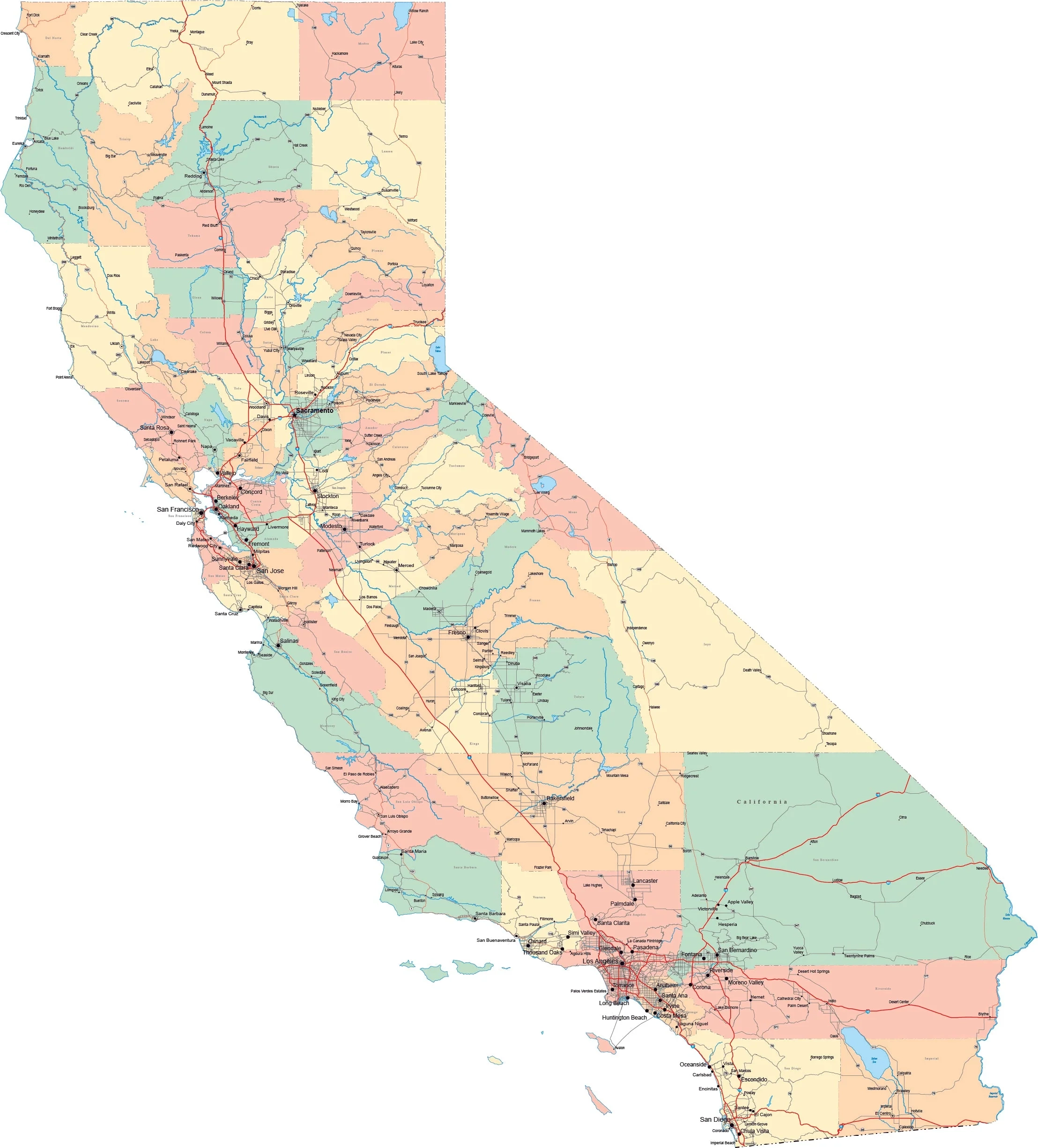 california county map with major cities