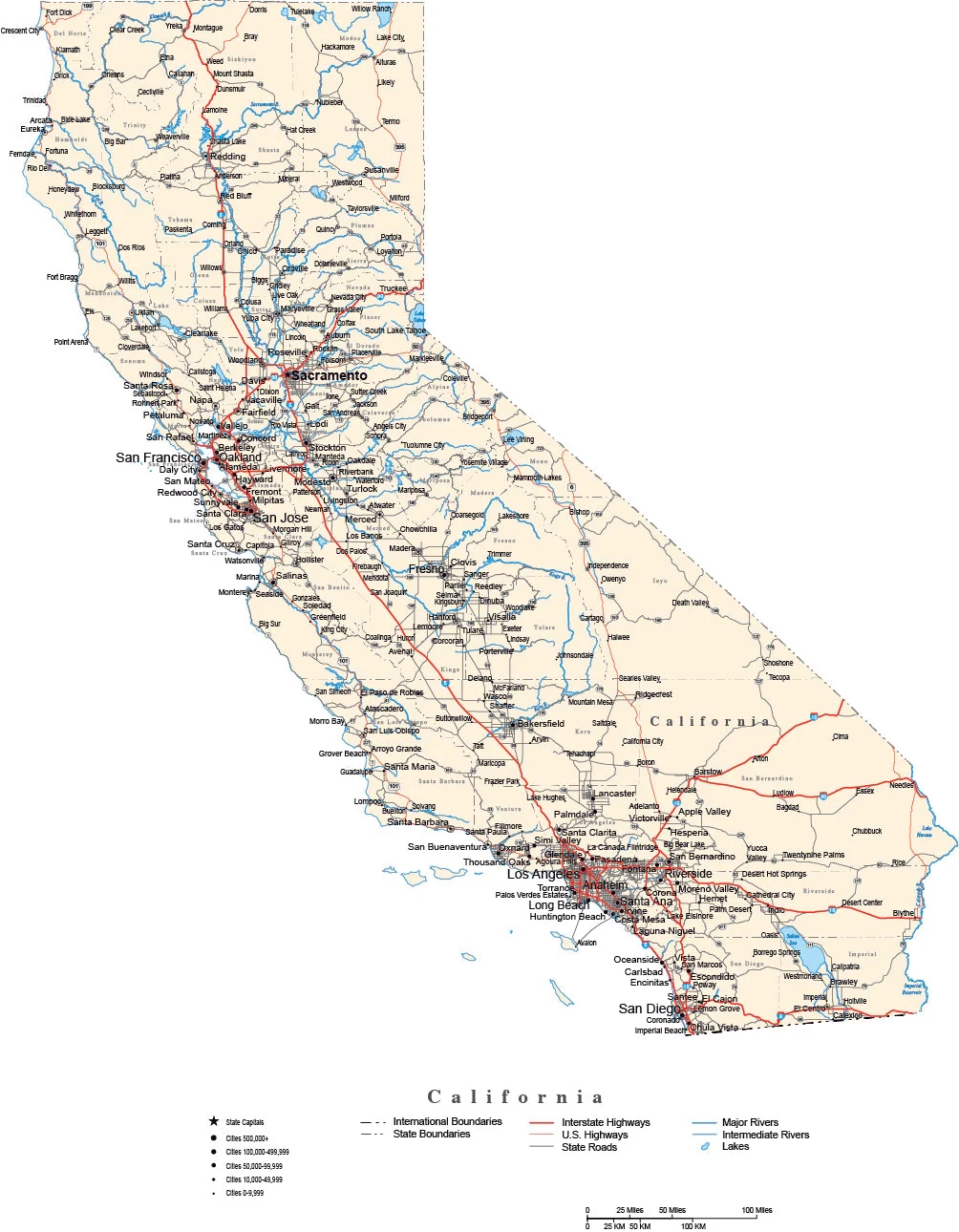 California With Capital Counties Cities Roads Rivers Lakes