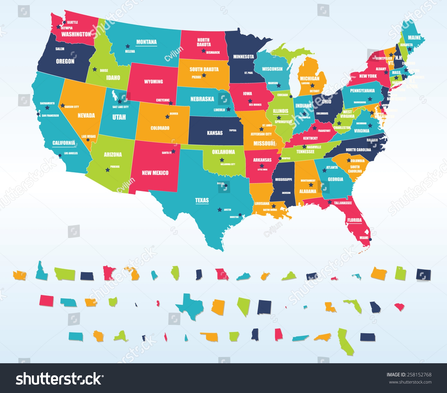 Colorful Usa Map States Capital Cities Stock Vector Royalty Free 258152768 Shutterstock Colorful Usa Map States Capital Cities Stock Vector Royalty Free 258152768 Shutterstock