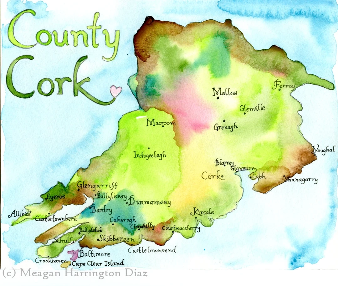 County Cork Ireland LARGE Fine Art Watercolor Print Ireland Map Watercolor Map Of Ireland Etsy