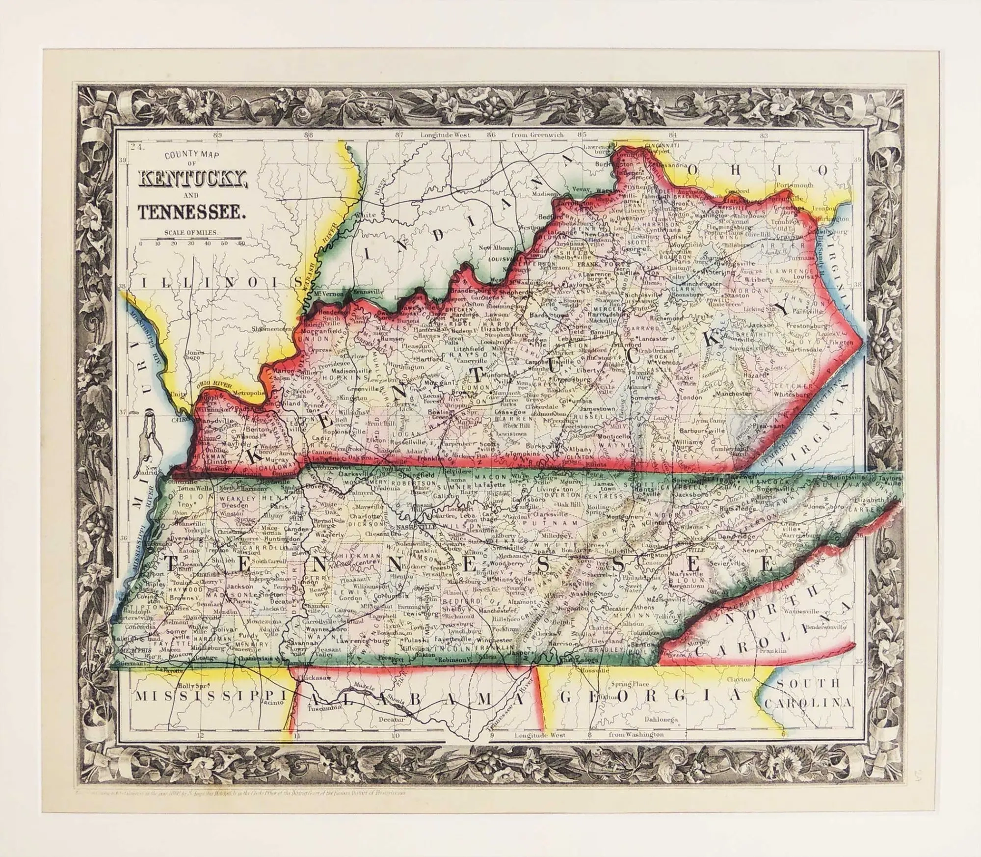 County Map Of Kentucky And Tennessee Samuel Augustus Mitchell