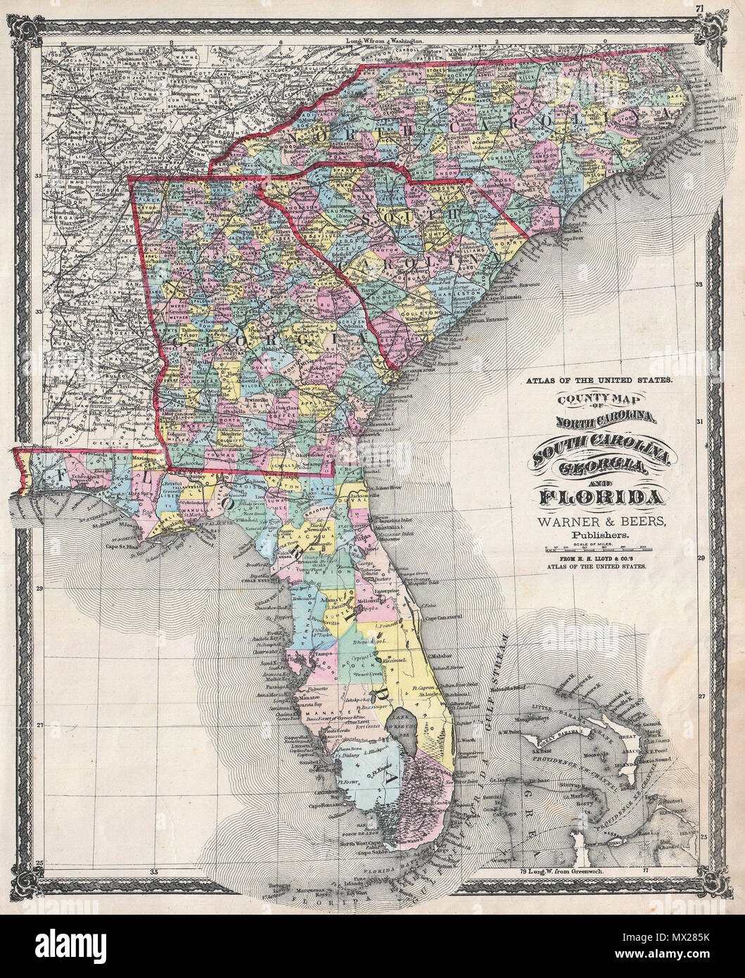 County Map Of North Carolina South Carolina Georgia And Florida English An Attractive Hand Colored 1874 Map Of The Southeastern Part Of The United States By Warner And Beers Includes The