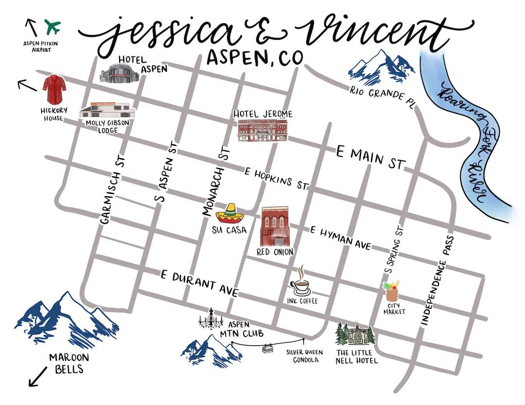 Custom Digital Wedding Map Aspen CO Personalized Aspen Wedding Map Hand Drawn Calligraphy Map Destination Map Hand Drawn Custom Design Etsy