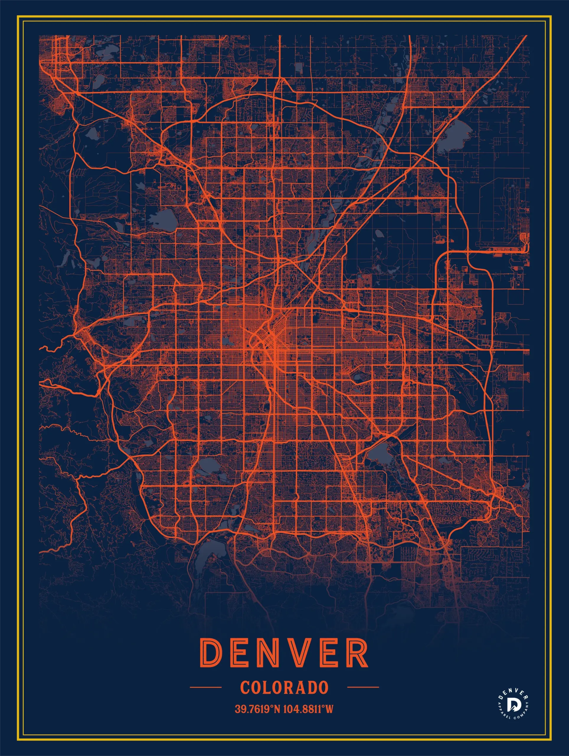 Denver City Map Poster Blue Orange Denver Apparel Company