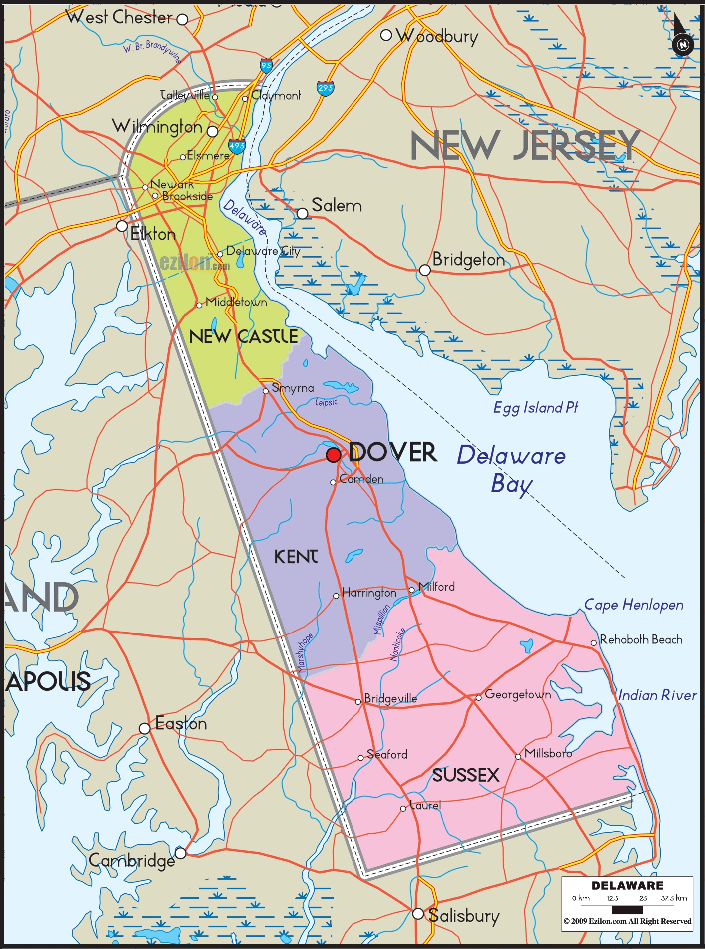 Detailed Map Of Delaware With Cities Counties And Roads Ezilon Maps