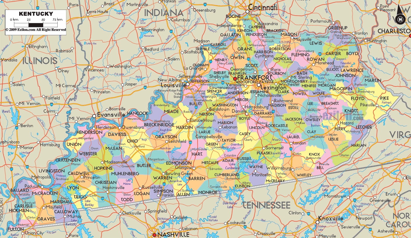 Detailed Map Of Kentucky With Cities Counties And Roads Ezilon Maps