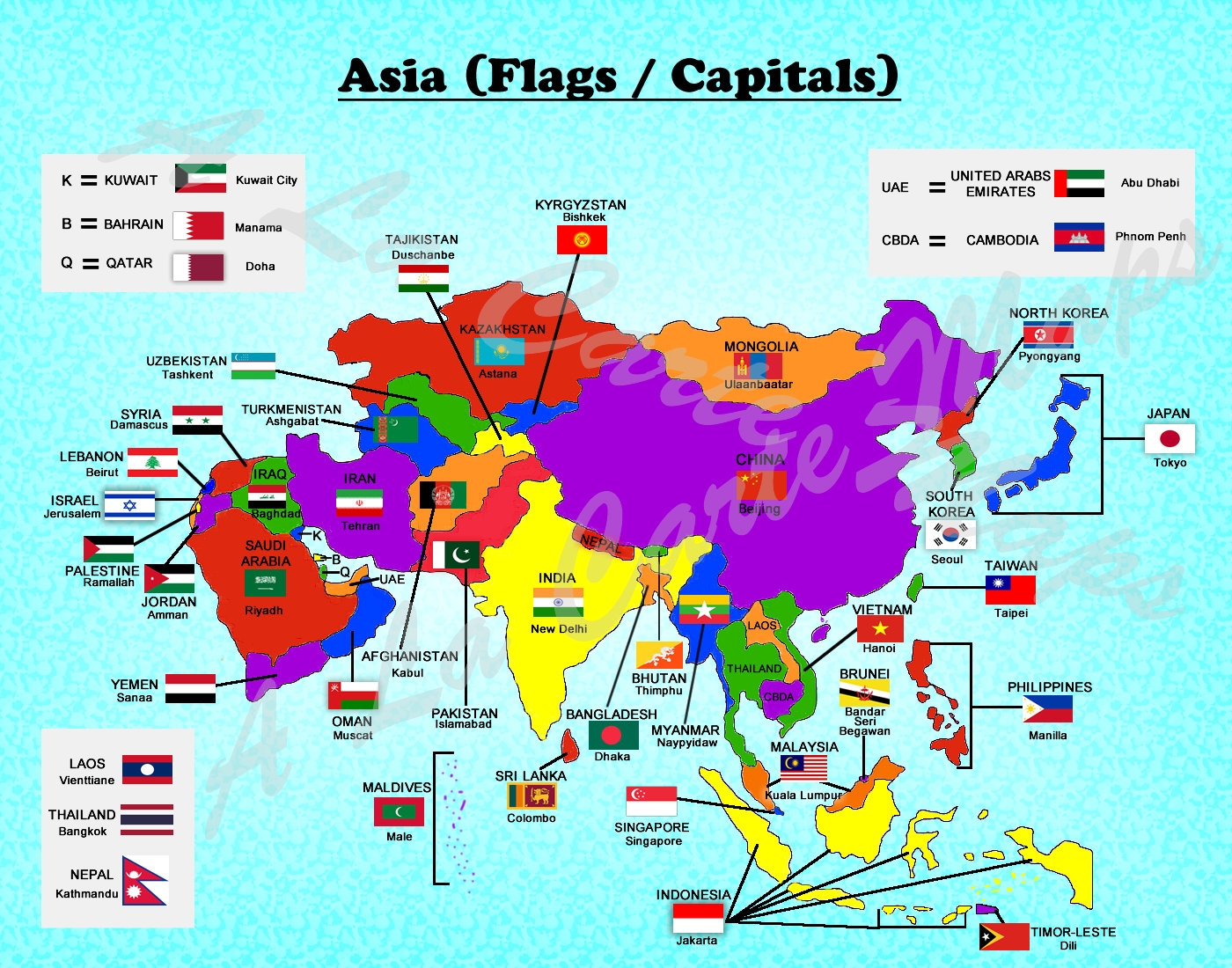 Digital Map Of All Asian Countries With Their Flags And Their Capital Cities Etsy