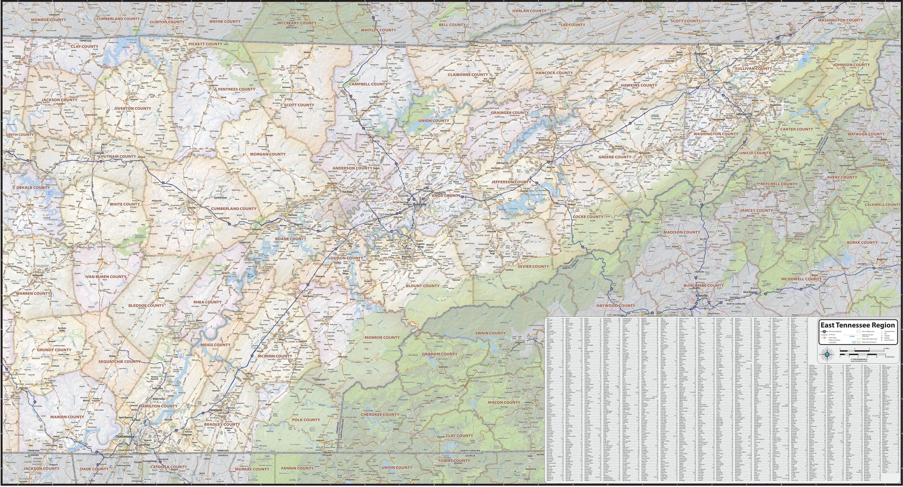 East Tennessee Regional Area Wall Map American Map Store