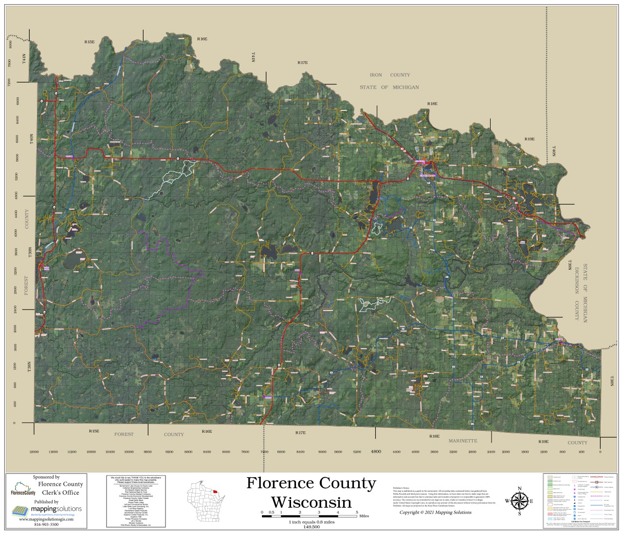 Florence County Wisconsin 2021 Aerial Wall Map Mapping Solutions