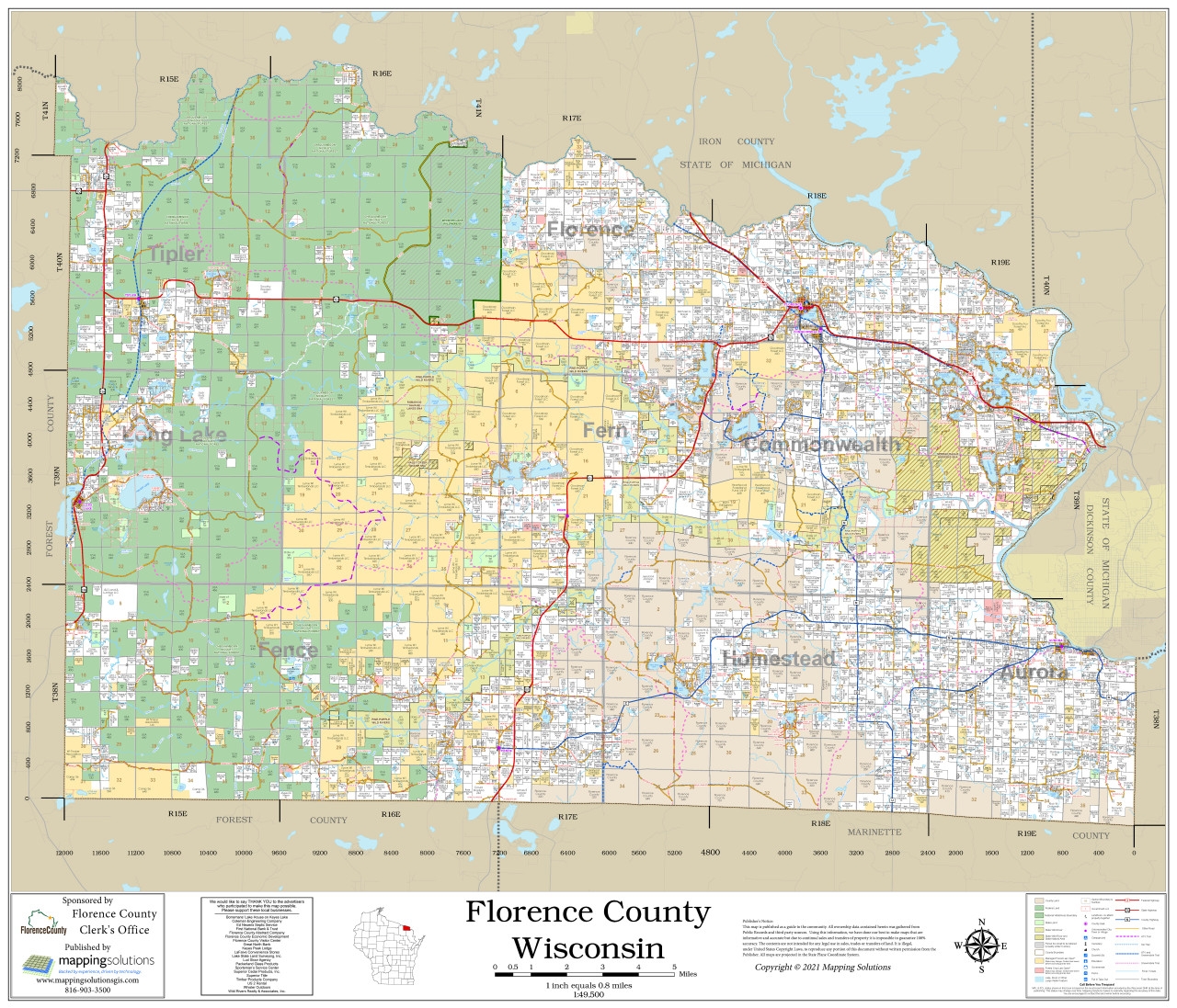Florence County Wisconsin 2021 Wall Map Mapping Solutions