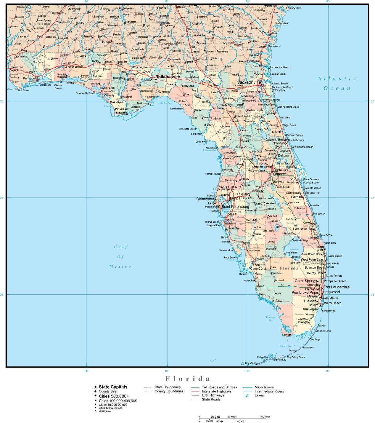 Florida Adobe Illustrator Map With Counties Cities County Seats Major Roads Florida Adobe Illustrator Map With Counties Cities County Seats Major Roads