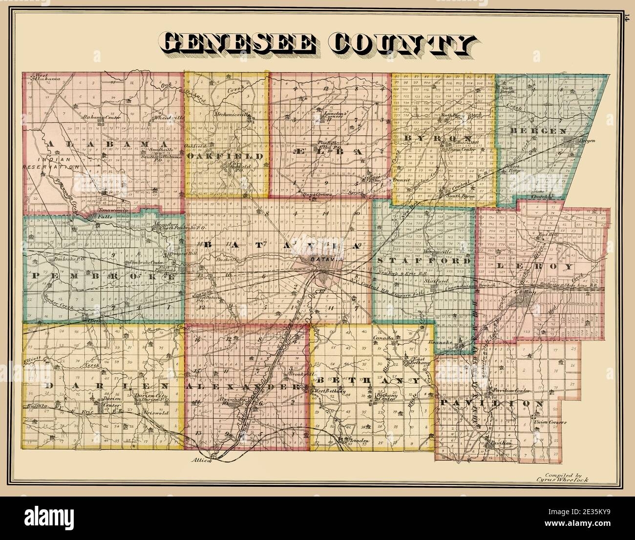 Genesee County Map1876 Original Title Genesee County Published Circa 1876 Shows Railroads And Town Boundaries This Is An Enhanced Restored Reproduction Of An Old Map Showing Genesee County New York With Its