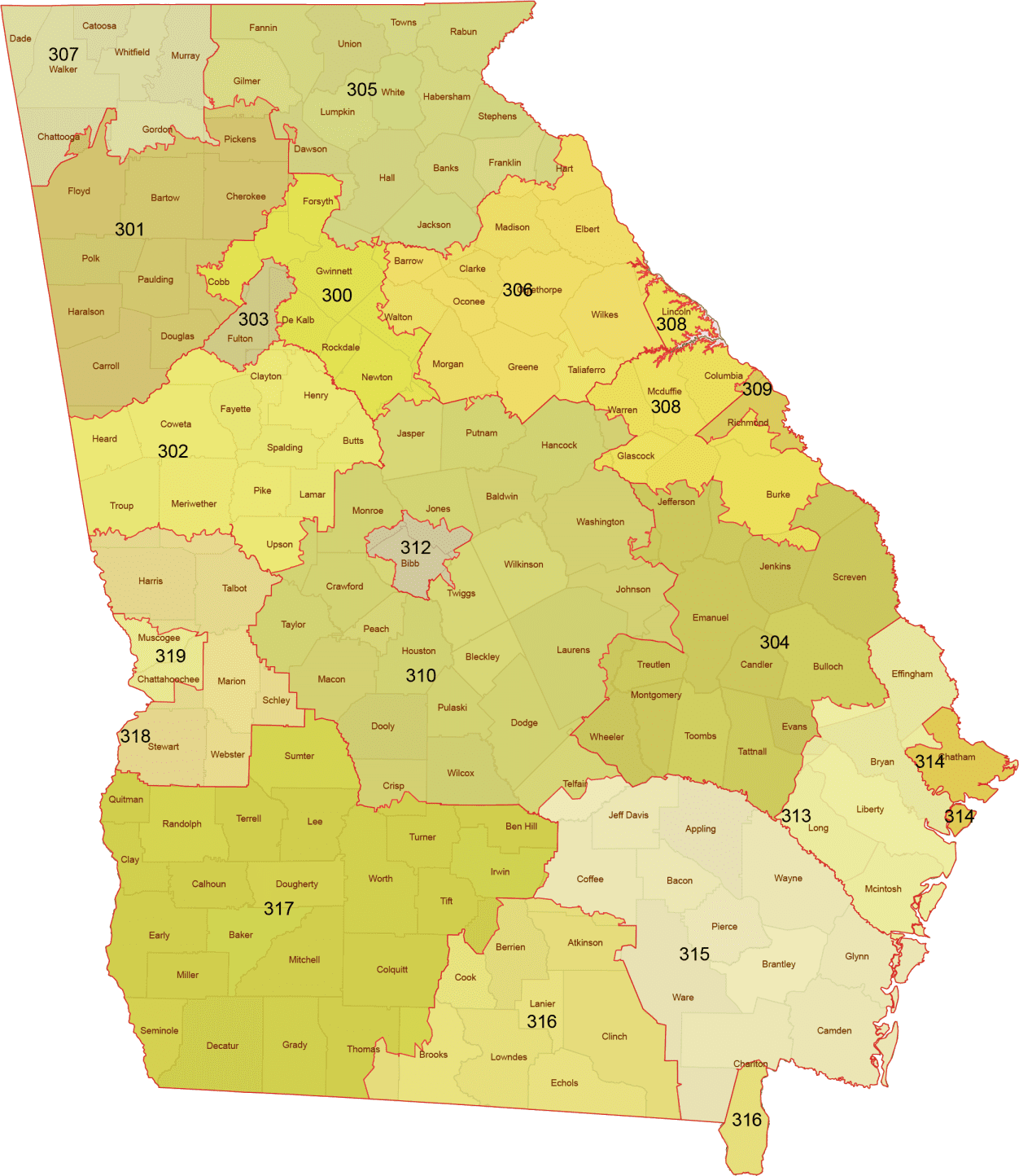 Georgia 3 Digit ZIP Code Map With Counties