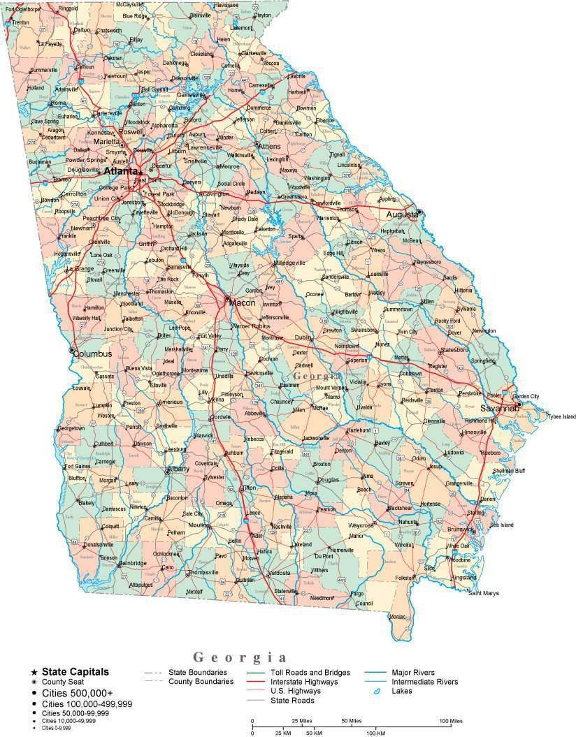 Georgia Digital Vector Map With Counties Major Cities Roads Rivers Lakes