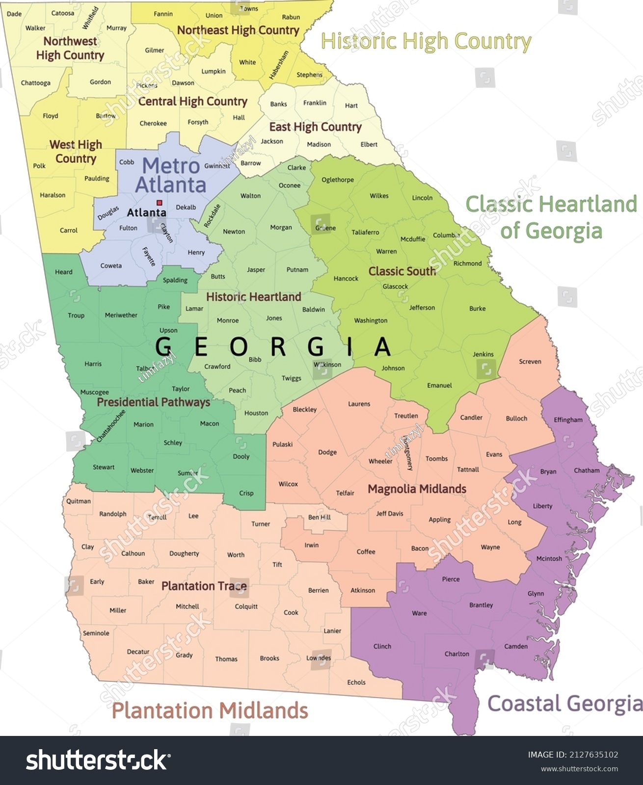 Georgia State Regions Map Counties Colored Stock Vector Royalty Free 2127635102 Shutterstock