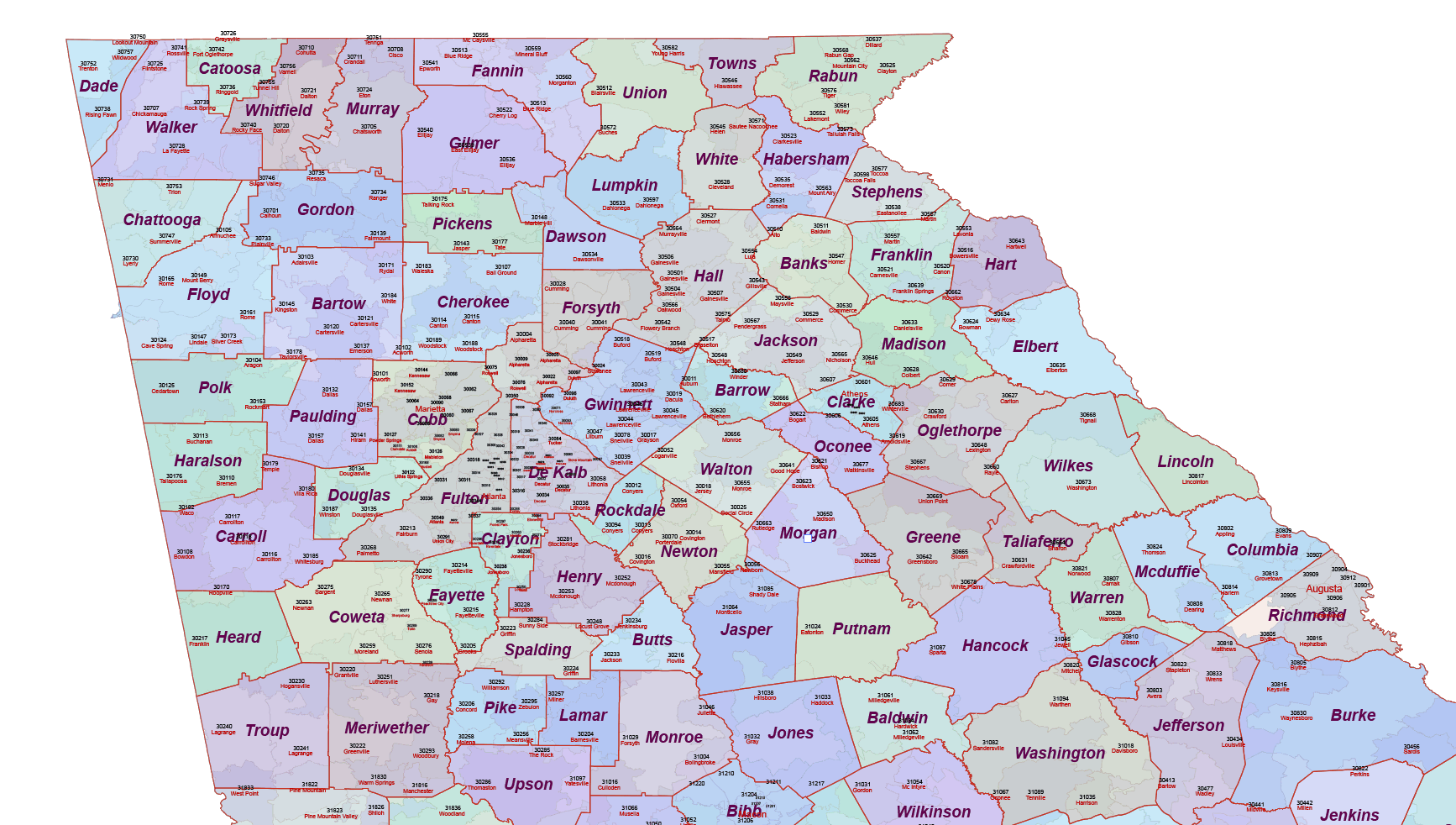 georgia county map with zip codes