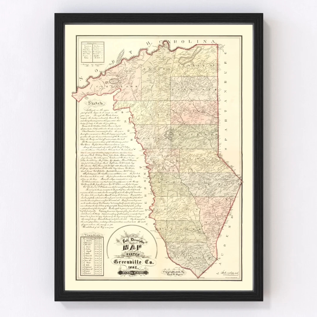 Greenville County South Carolina Map 1882 Old Map Of Greenville County South Carolina Art Vintage Print Framed Canvas Portrait History Etsy
