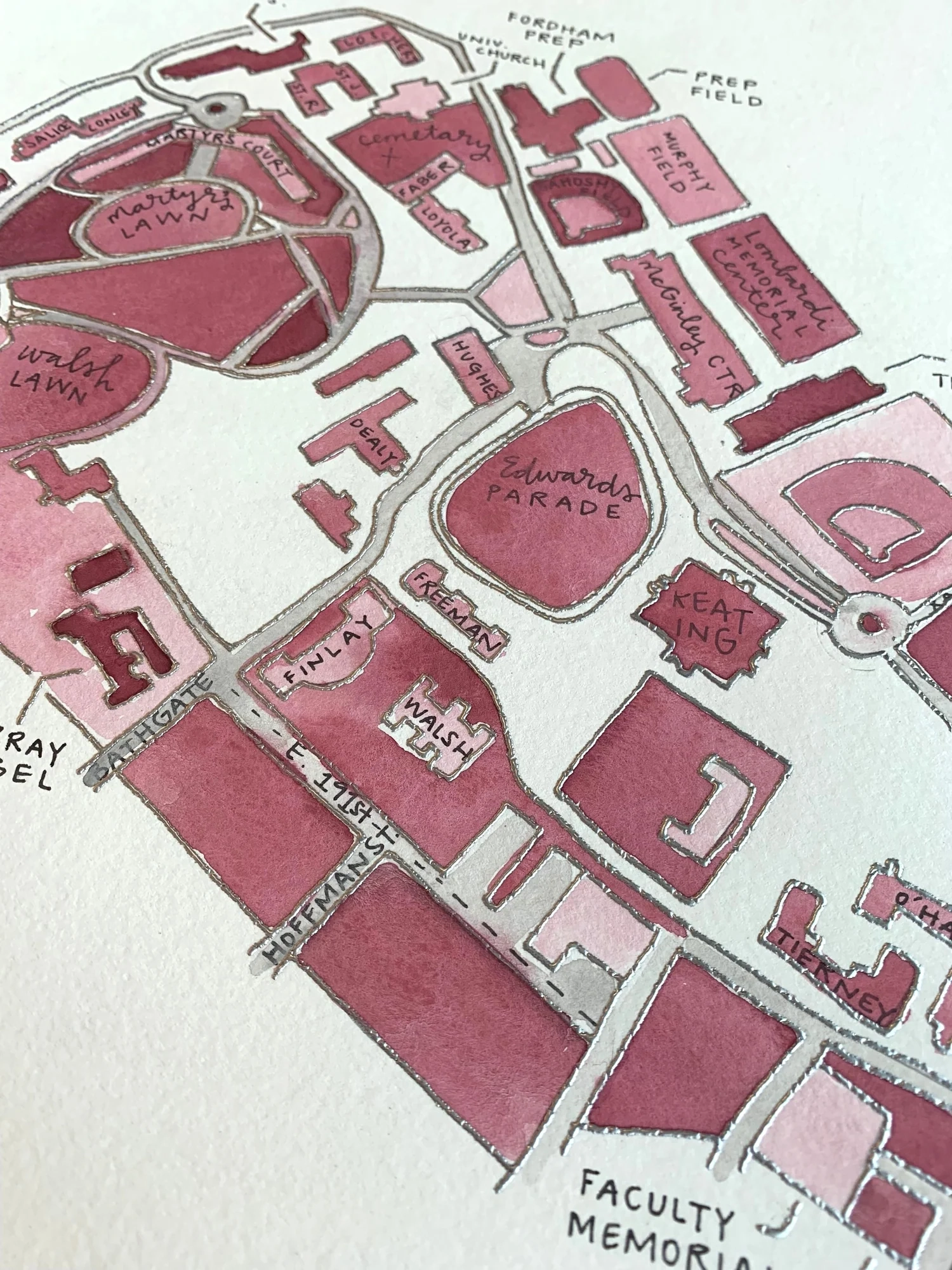 Hand Painted Fordham University Rose Hill Campus Map BY ALEISHA