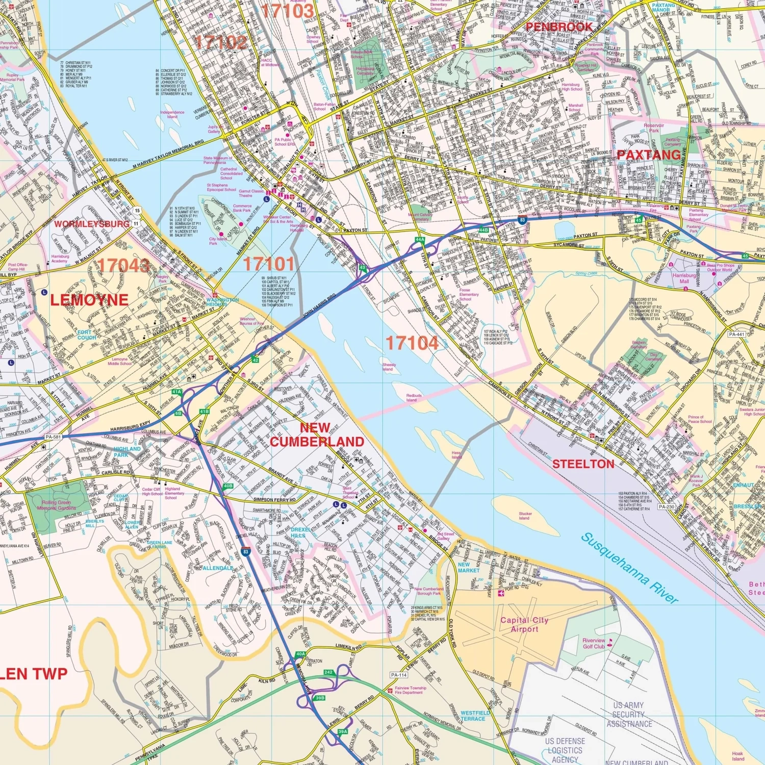 Harrisburg PA Wall Map Shop City County Maps Ultimate Globes