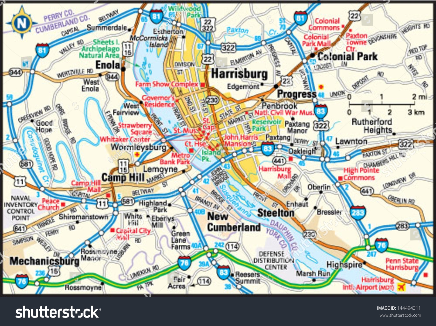 Harrisburg Pennsylvania Area Map Stock Vector Royalty Free 144494311 Shutterstock