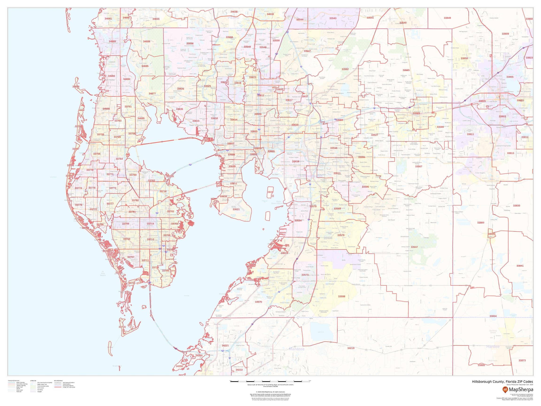 Hillsborough County Florida ZIP Codes Wall Map