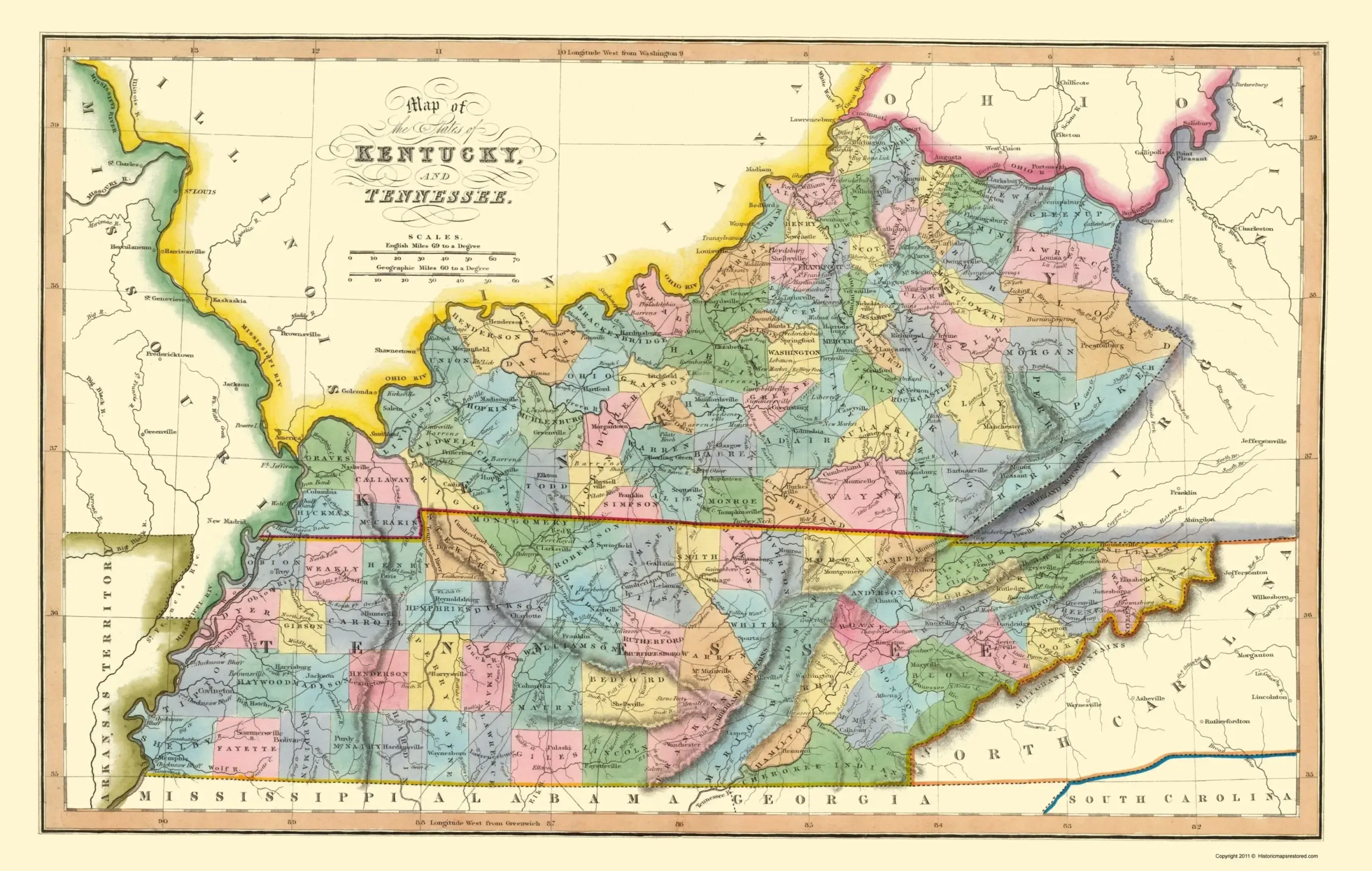 Historic State Map Kentucky Tennessee Counties Hinton 1831 23 X 36 21 Vintage Wall Art Walmart