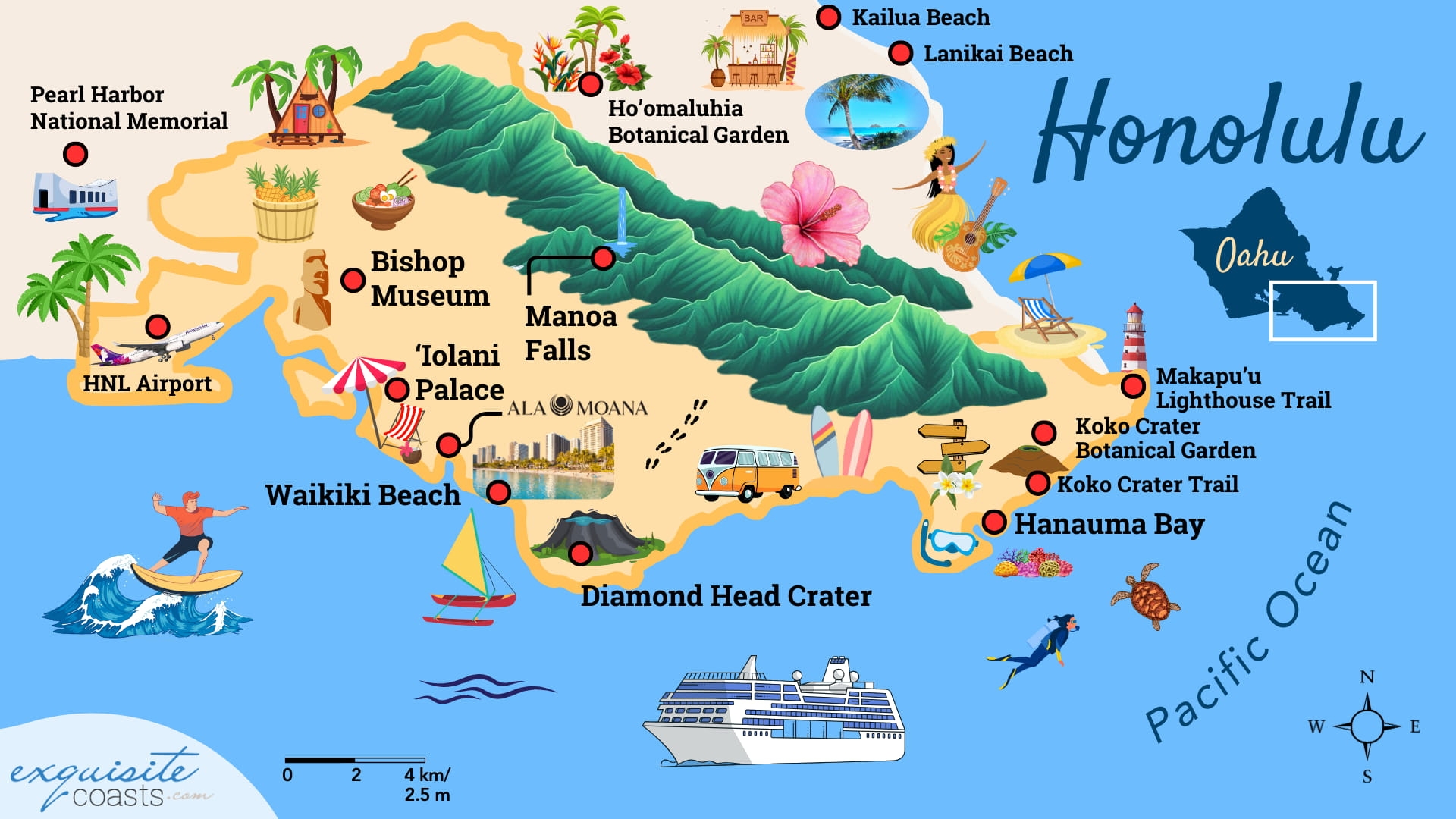 Honolulu Map With Top Attractions To Visit