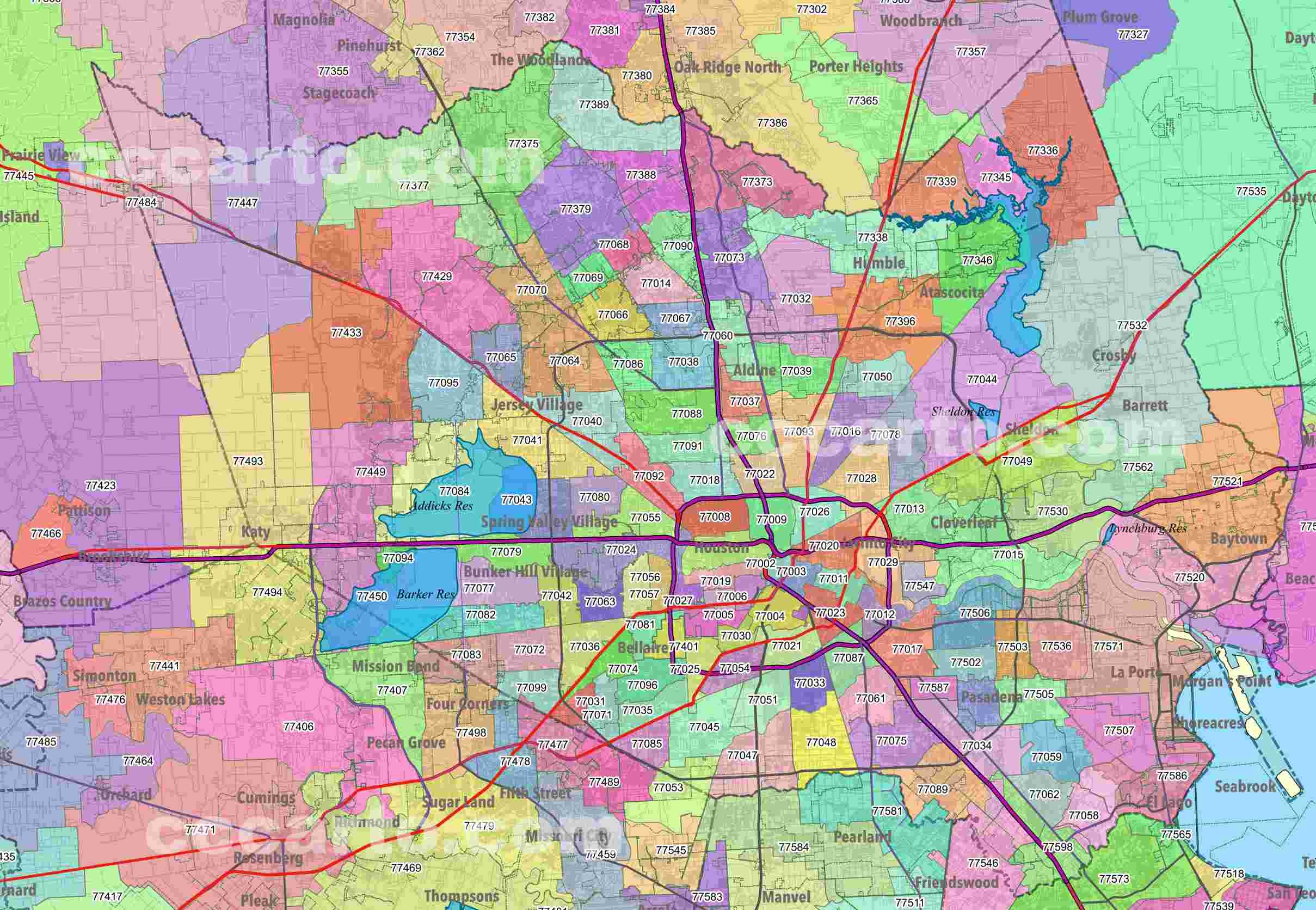 Houston ZIP Codes Map Harris County Texas