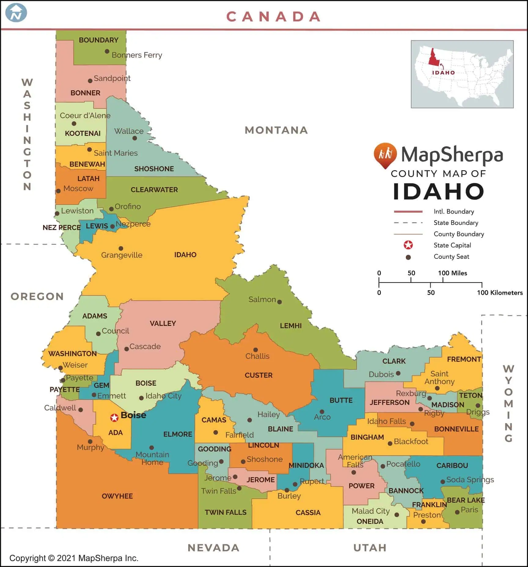 Idaho Counties Map By MapSherpa Wall Print Map Shop