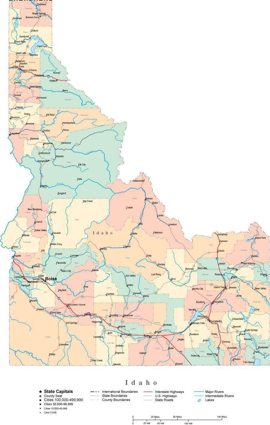 Idaho Digital Vector Map With Counties Major Cities Roads Rivers Lakes