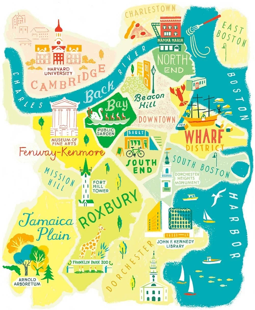 Illustrated Boston Neighbourhoods Feature Map Contextual Illustration By Anna Simmons Anna Simmons Illustrator Specialising In Maps Hand Lettering And Visuals That Explain