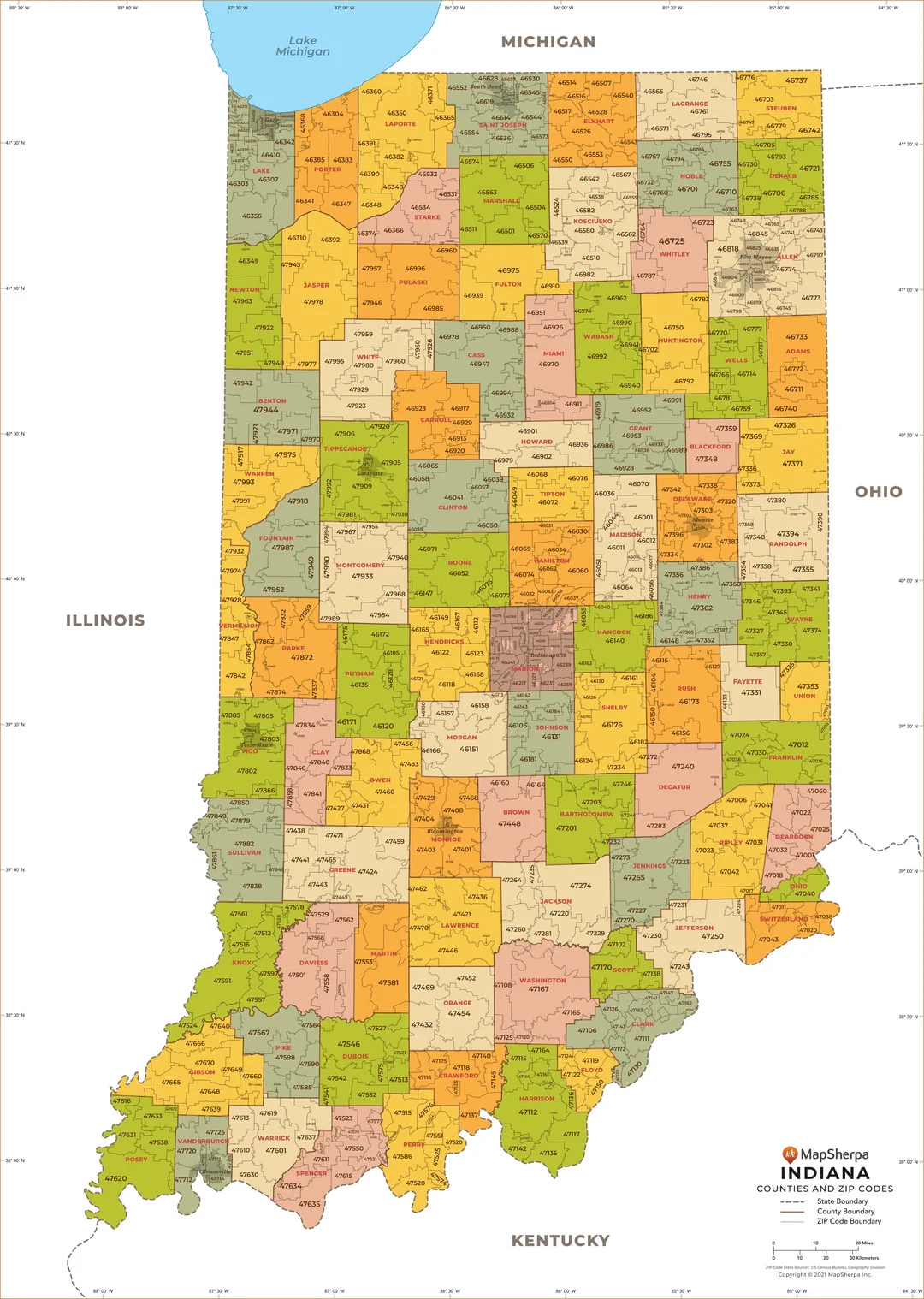 Indiana Zip Code Map With Counties American Map Store