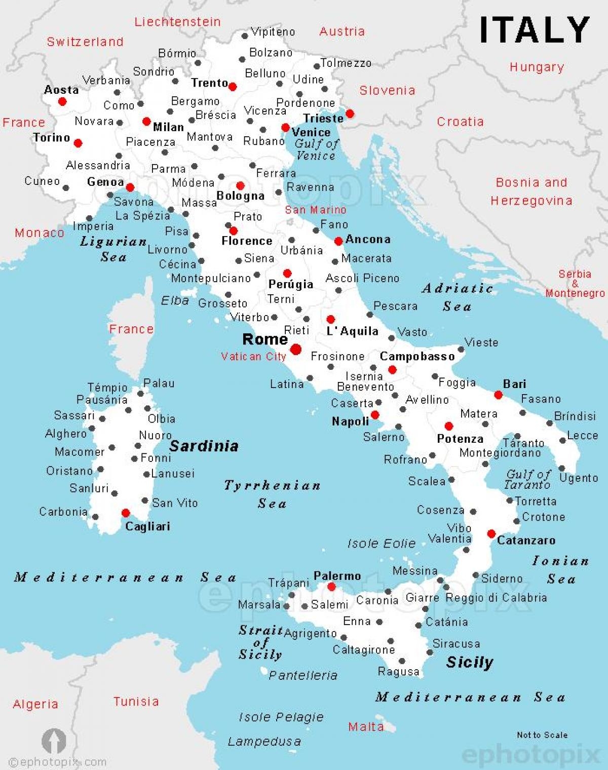 italian map with cities and regions