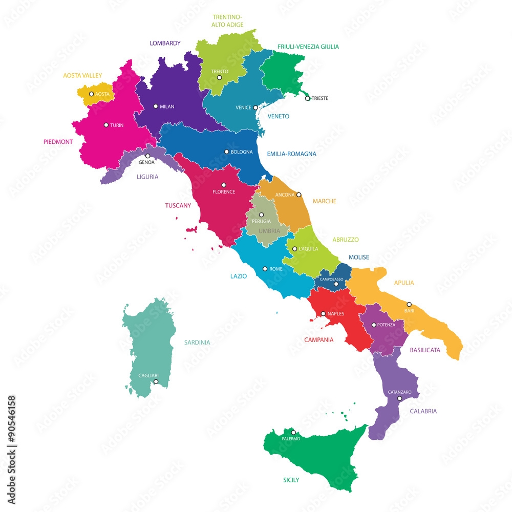 Italy Map With Regions And Cities Stock Vector Adobe Stock