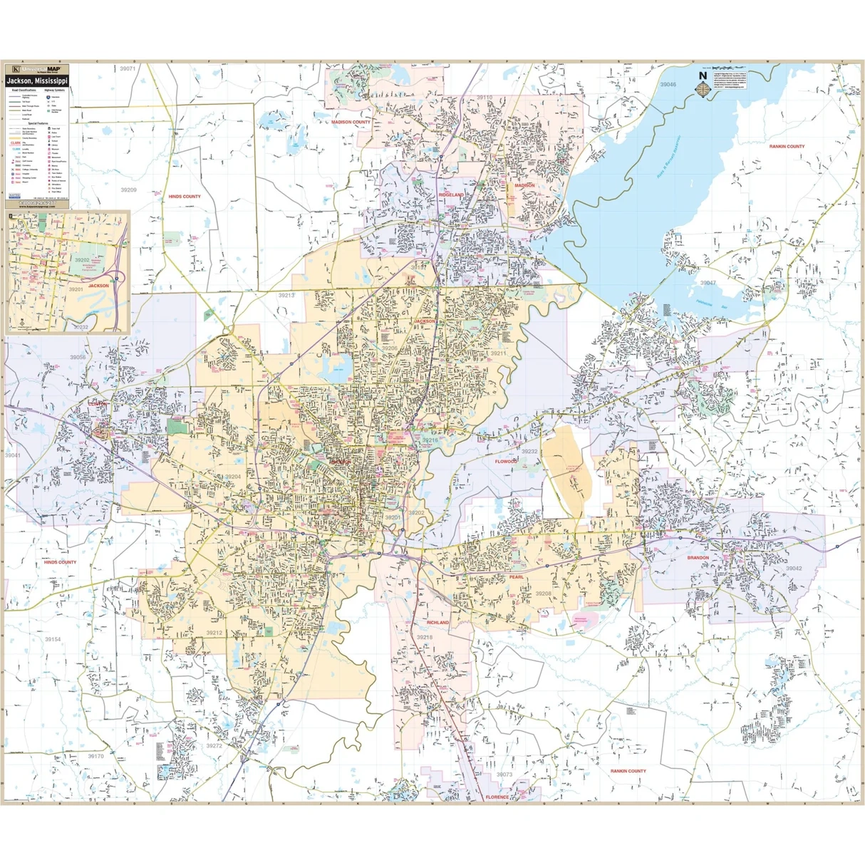 Jackson MS Wall Map Shop City County Maps Ultimate Globes